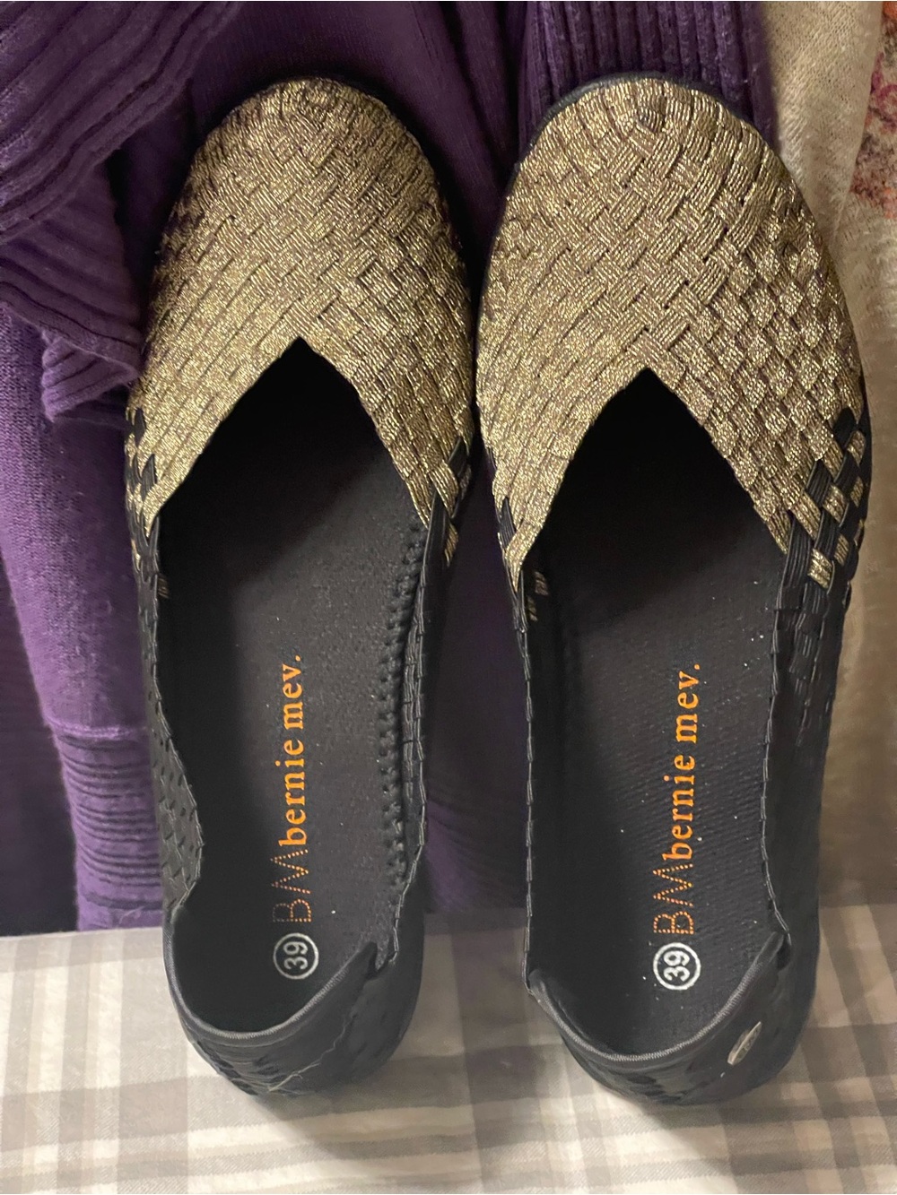 bernie mev. Gold and Black Woven Slip-On Flats